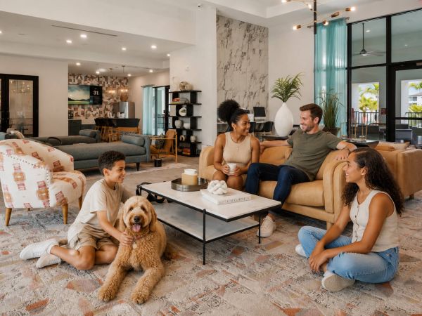 Residents relaxing with a dog in a warm, modern clubhouse lounge.