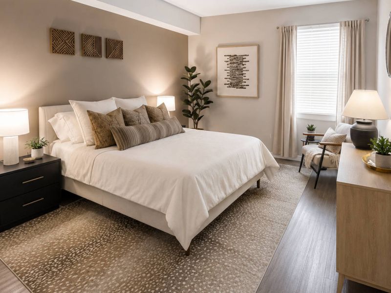 Modern bedroom with a large bed, neutral decor, area rug, plants, and natural light from a window with curtains.