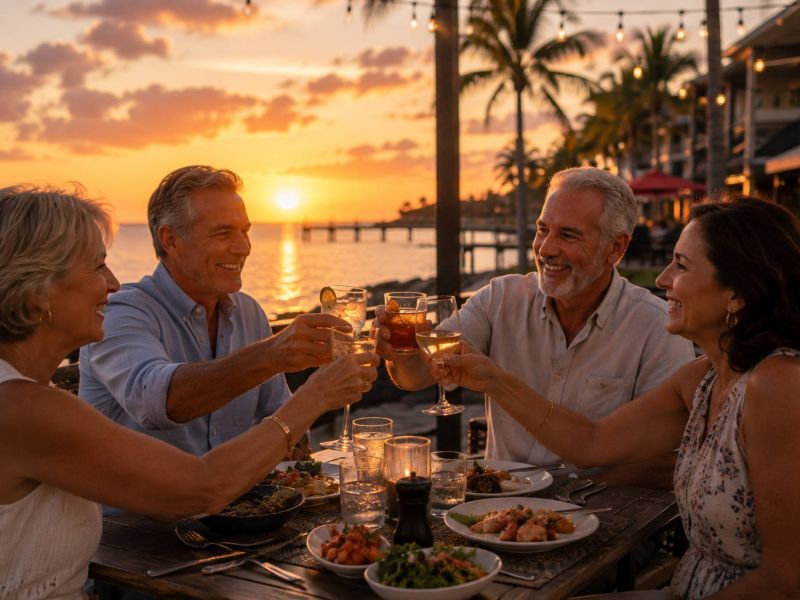 Residents enjoying drinks together by the water at sunset.
