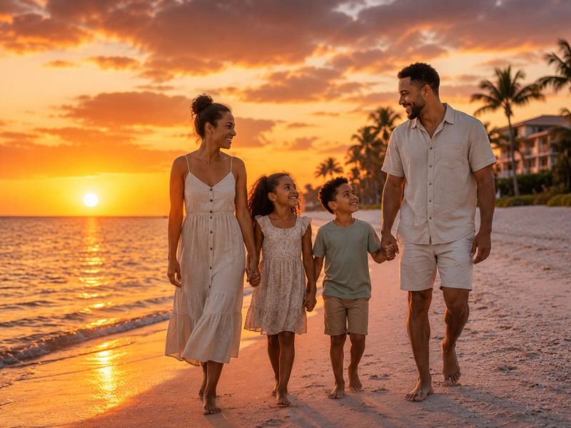 A family walking along the beach during a warm Fort Myers sunset.