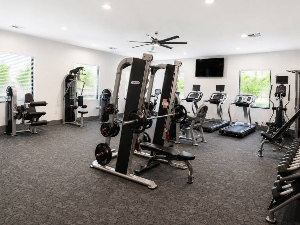 Strength and cardio room with weight machines, treadmills, ellipticals, free weights, and large windows.