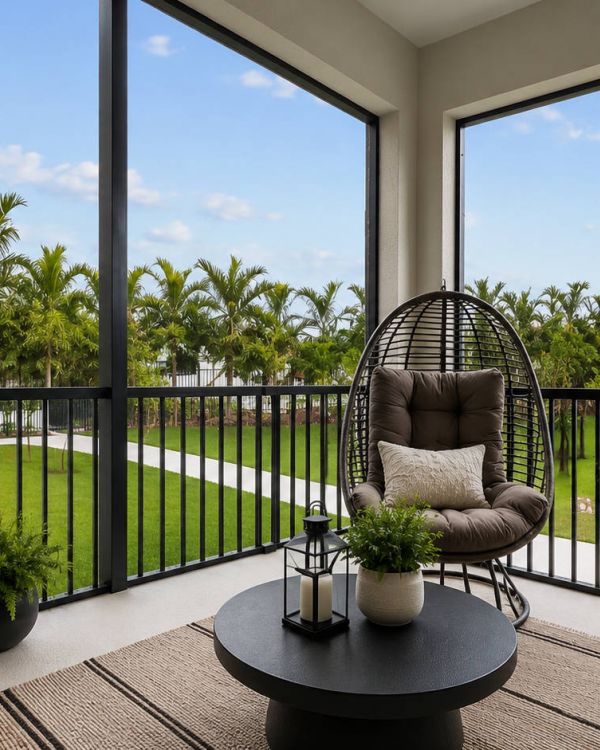 Modern balcony with cozy seating, potted plants, and a view of a green lawn with palm trees.