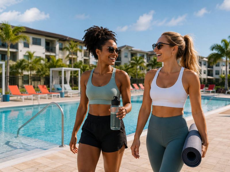 Two women in activewear smiling and walking by a pool, one holding a water bottle, the other a yoga mat.